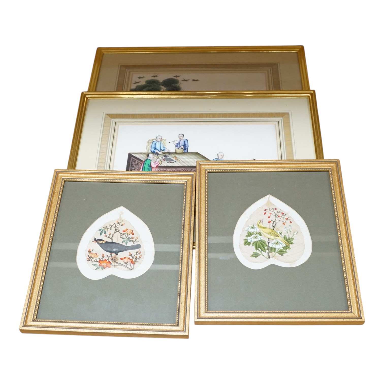 Chinese School, pair of pith paper paintings, to include Figures hunting, together with a pair of paintings on leaves, Birds of paradise amongst flowers, largest 19 x 31cm. Condition - fair
